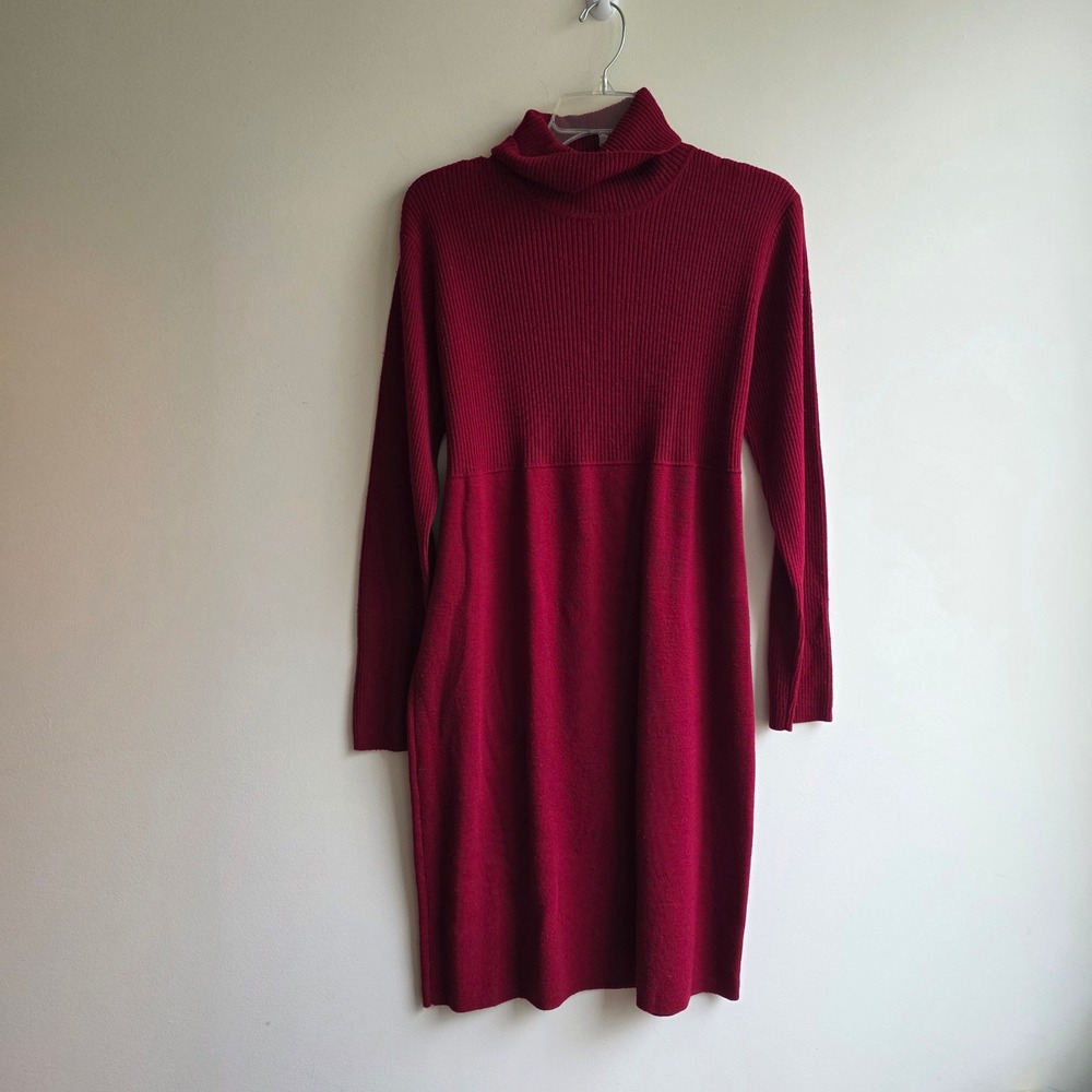 Mimi Maternity Red 100% Wool Turtleneck Sweater Dress Ribbed Tie Back Size M